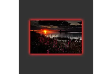 Canvas-taulu LED-valaistuksella - Auringonlasku peilimäisen järven yllä, etualalla kukkivia kasveja - Tummanpunainen / Oranssi / Musta - Sisustustuotteet - Taulu & taide - Canvas-taulu