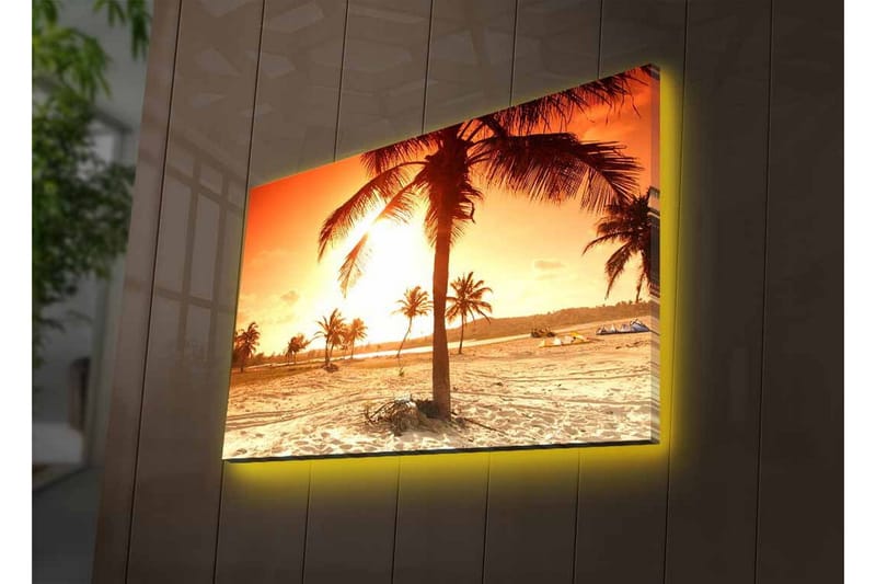 Canvas-taulu LED-valaistuksella - Auringonlasku palmujen peittämän rannan yllä - Oranssi / Kulta / Beige - Sisustustuotteet - Taulu & taide - Canvas-taulu
