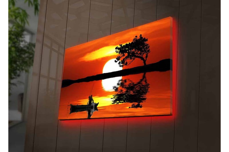 Canvas-taulu LED-valaistuksella - Auringonlasku peilimäisen järven yllä, yksinäinen vene ja puun siluetti - Oranssi / Musta / Keltainen - Sisustustuotteet - Taulu & taide - Canvas-taulu