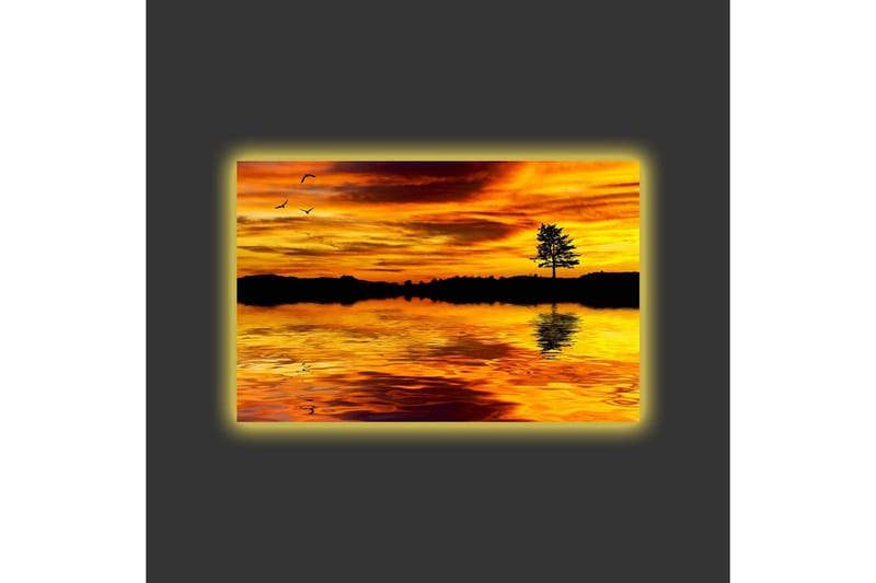 Canvas-taulu LED-valaistuksella - Auringonlasku peilimäisen järven yllä ja puun siluetti - Kulta / Oranssi / Musta - Sisustustuotteet - Taulu & taide - Canvas-taulu