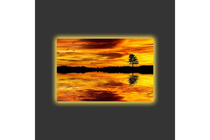 Canvas-taulu LED-valaistuksella - Auringonlasku peilimäisen järven yllä ja puun siluetti - Kulta / Oranssi / Musta - Sisustustuotteet - Taulu & taide - Canvas-taulu