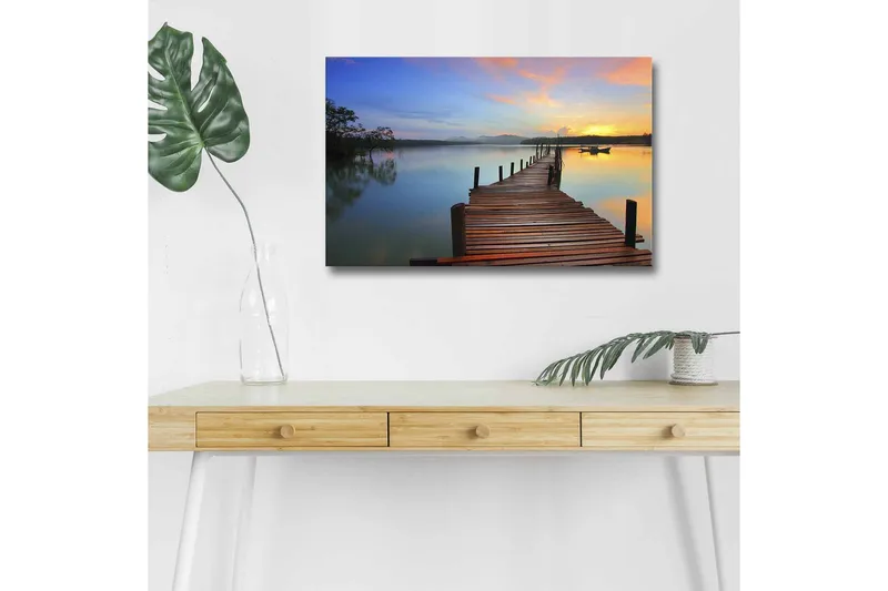 Canvas-taulu LED-valaistuksella - Auringonlasku puisen laiturin yllä veden äärellä - Oranssi / Sininen / Ruskea - Sisustustuotteet - Taulu & taide - Canvas-taulu