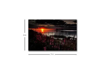 Canvas-taulu LED-valaistuksella - Auringonlasku peilimäisen järven yllä, etualalla kukkivia kasveja - Tummanpunainen / Oranssi / Musta - Sisustustuotteet - Taulu & taide - Canvas-taulu