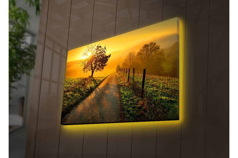 Canvas-taulu LED-valaistuksella - Auringonnousu mutkittelevan tien yllä, puita ja aita - Kulta / Vihreä / Ruskea - Sisustustuotteet - Taulu & taide - Canvas-taulu