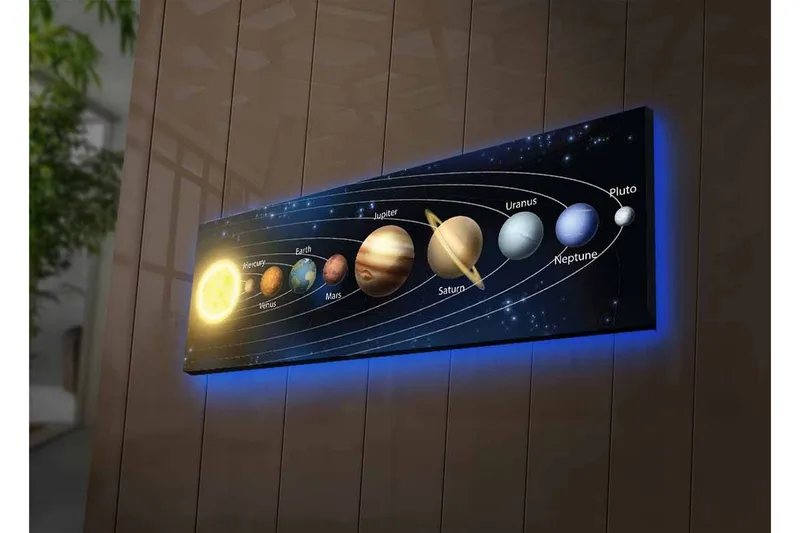 Canvas-taulu LED-valaistuksella - Aurinkokunnan planeetat harmonisessa asetelmassa - Tummansininen / Keltainen / Ruskea - Sisustustuotteet - Taulu & taide - Canvas-taulu