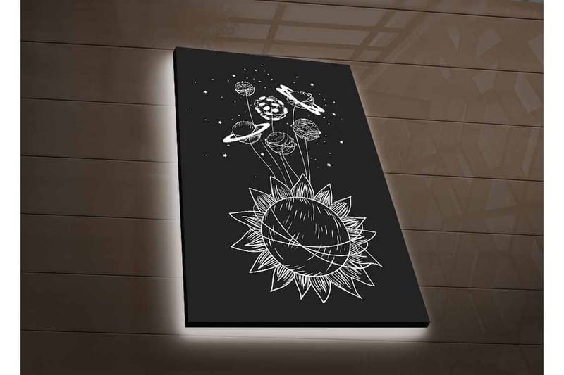 Canvas-taulu LED-valaistuksella - Aurinkokunta planeetoilla ja tähdillä graafisessa sommitelmassa - Musta / Valkoinen - Sisustustuotteet - Taulu & taide - Canvas-taulu