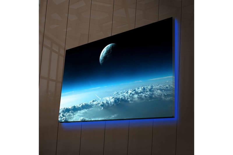 Canvas-taulu LED-valaistuksella - Avaruusmaisema, jossa planeetta leijuu pilvien yllä - Tummansininen / Vaaleansininen / Valkoinen - Sisustustuotteet - Taulu & taide - Canvas-taulu