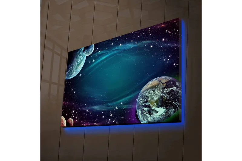 Canvas-taulu LED-valaistuksella - Avaruusmaisema planeetoilla ja tähdillä, Tummansininen / Vihreä / Violetti