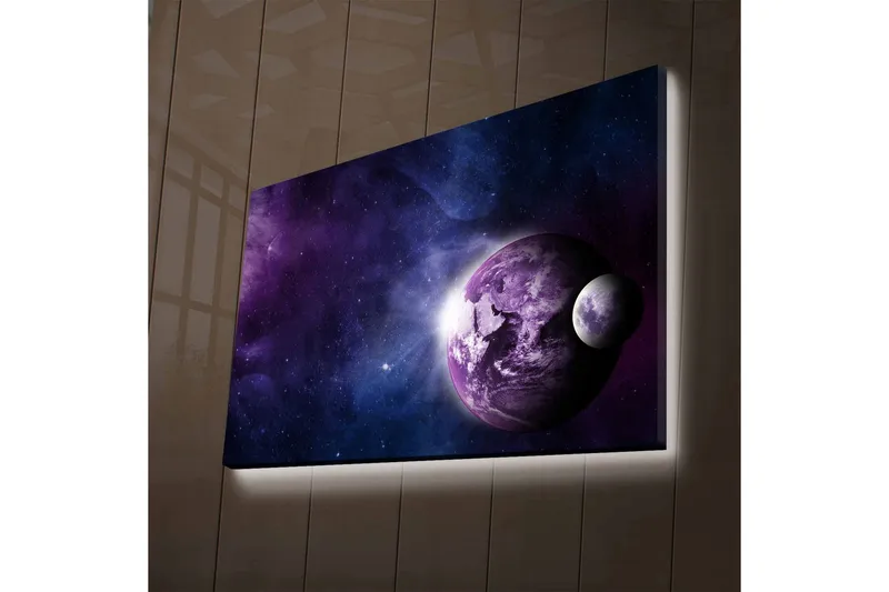 Canvas-taulu LED-valaistuksella - Avaruusmaisema planeetoilla ja tähdillä, Violetti / Sininen / Valkoinen