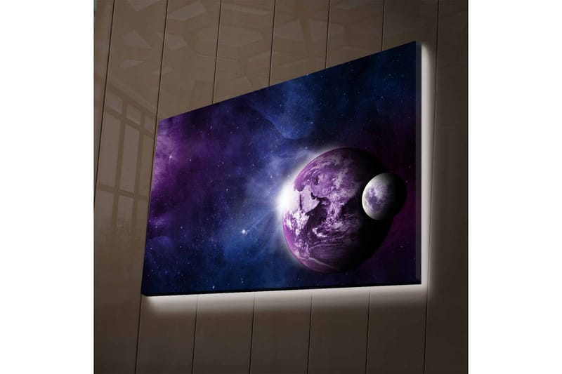 Canvas-taulu LED-valaistuksella - Avaruusmaisema planeetoilla ja tähdillä, Violetti / Sininen / Valkoinen