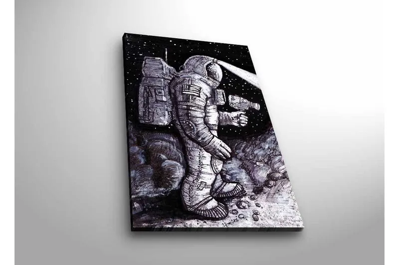 Canvas-taulu LED-valaistuksella - Avaruusmatkailija tähtikirkasssa ympäristössä, Musta / Harmaa / Valkoinen