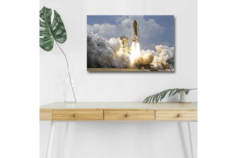 Canvas-taulu LED-valaistuksella - Avaruusraketti nousee taivaalle voimakkaiden liekkien saattelemana - Harmaa / Valkoinen / Oranssi - Sisustustuotteet - Taulu & taide - Canvas-taulu