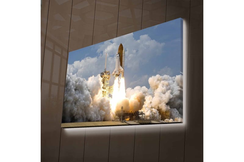 Canvas-taulu LED-valaistuksella - Avaruusraketti nousee taivaalle voimakkaiden liekkien saattelemana - Harmaa / Valkoinen / Oranssi - Sisustustuotteet - Taulu & taide - Canvas-taulu