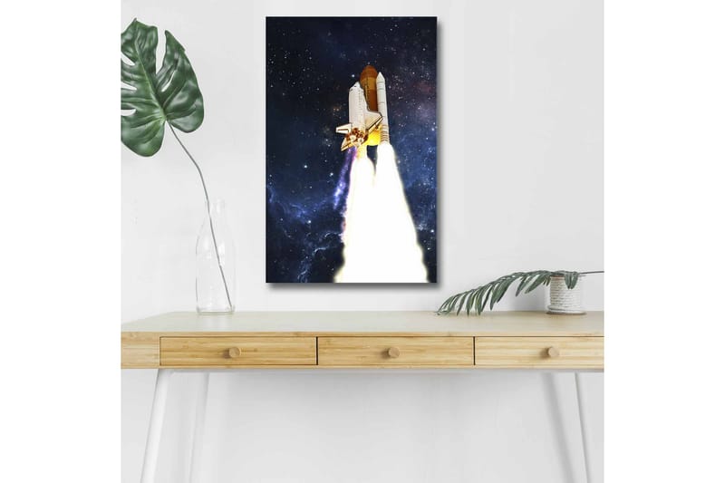 Canvas-taulu LED-valaistuksella - Avaruusraketti nousussa kohti tähtiä, Tummansininen / Valkoinen / Oranssi