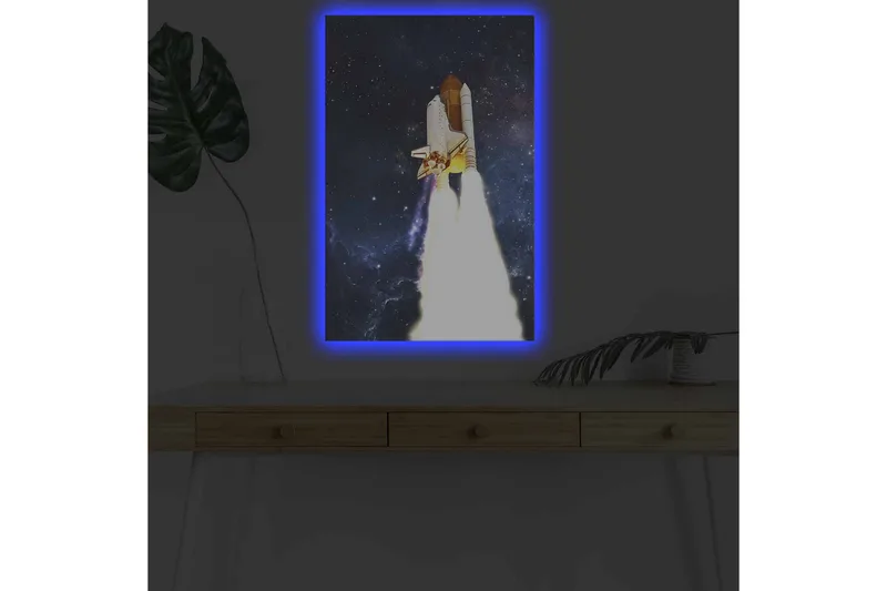 Canvas-taulu LED-valaistuksella - Avaruusraketti nousussa kohti tähtiä - Tummansininen / Valkoinen / Oranssi - Sisustustuotteet - Taulu & taide - Canvas-taulu