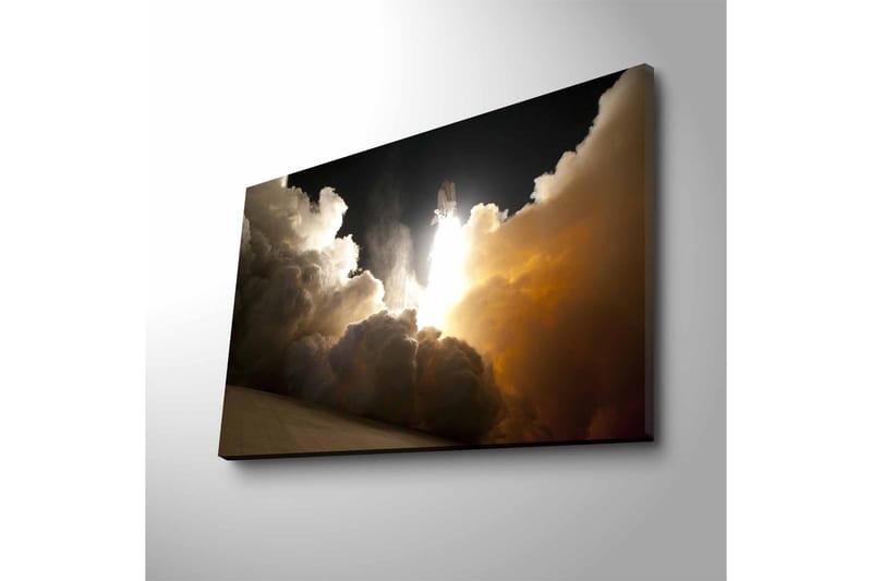 Canvas-taulu LED-valaistuksella - Avaruussukkula nousee savu- ja höyrypilvien läpi, Tummanharmaa / Oranssi / Valkoinen