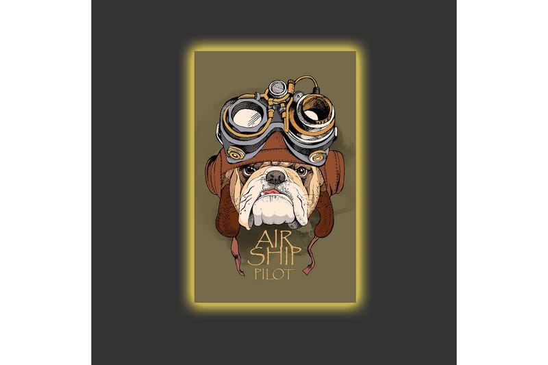 Canvas-taulu LED-valaistuksella - Bulldoggi lentäjävarusteissa ja suojalaseissa - Vihreä / Ruskea / Valkoinen - Sisustustuotteet - Taulu & taide - Canvas-taulu