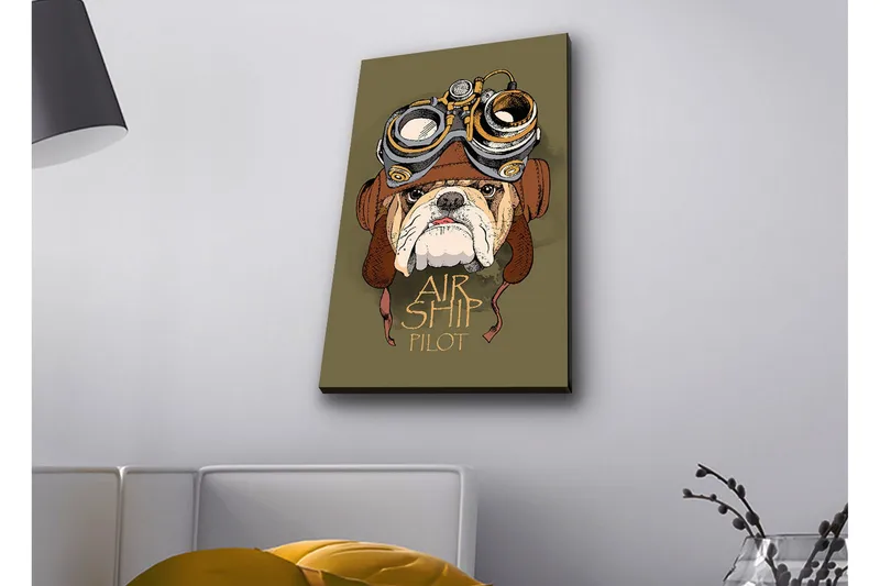 Canvas-taulu LED-valaistuksella - Bulldoggi lentäjävarusteissa ja suojalaseissa, Vihreä / Ruskea / Valkoinen