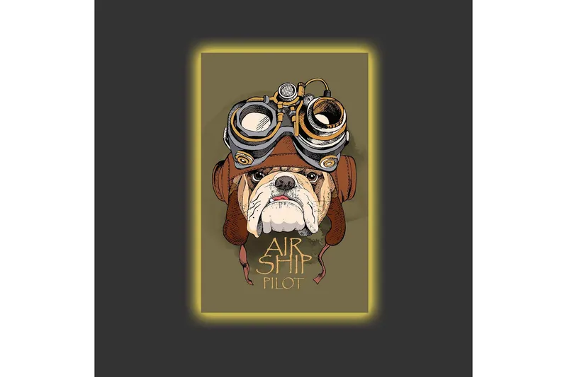 Canvas-taulu LED-valaistuksella - Bulldoggi lentäjävarusteissa ja suojalaseissa - Vihreä / Ruskea / Valkoinen - Sisustustuotteet - Taulu & taide - Canvas-taulu