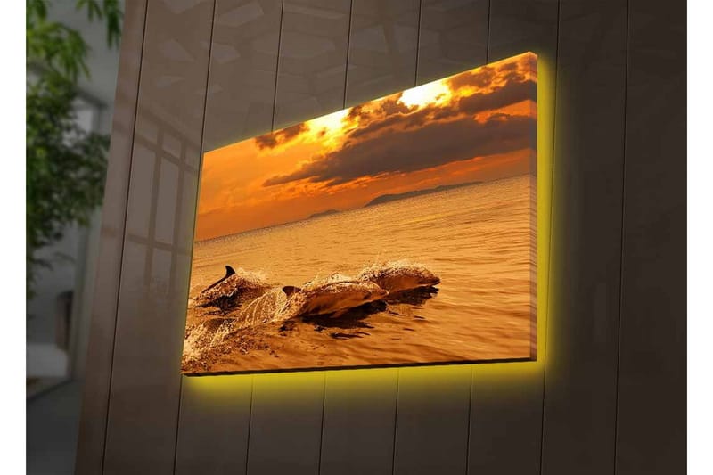 Canvas-taulu LED-valaistuksella - Delfiinit hyppivät auringonlaskun hehkuvassa valossa - Kulta / Oranssi / Ruskea - Sisustustuotteet - Taulu & taide - Canvas-taulu