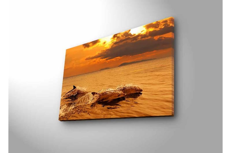 Canvas-taulu LED-valaistuksella - Delfiinit hyppivät auringonlaskun hehkuvassa valossa - Kulta / Oranssi / Ruskea - Sisustustuotteet - Taulu & taide - Canvas-taulu