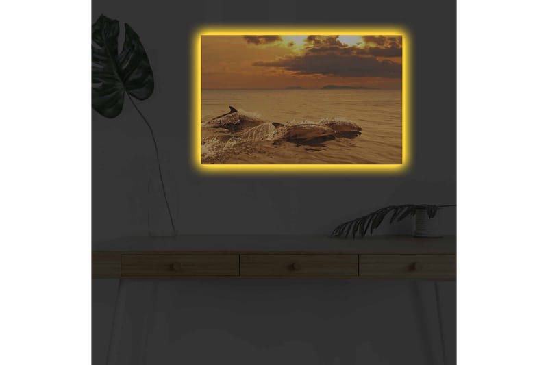 Canvas-taulu LED-valaistuksella - Delfiinit hyppivät auringonlaskun hehkuvassa valossa - Kulta / Oranssi / Ruskea - Sisustustuotteet - Taulu & taide - Canvas-taulu