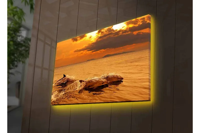 Canvas-taulu LED-valaistuksella - Delfiinit hyppivät auringonlaskun hehkuvassa valossa - Kulta / Oranssi / Ruskea - Sisustustuotteet - Taulu & taide - Canvas-taulu