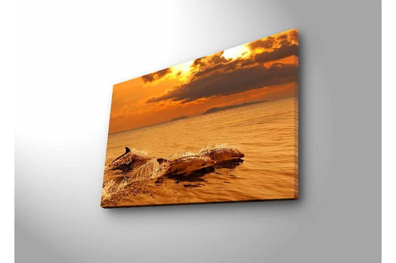 Canvas-taulu LED-valaistuksella - Delfiinit hyppivät auringonlaskun hehkuvassa valossa - Kulta / Oranssi / Ruskea - Sisustustuotteet - Taulu & taide - Canvas-taulu