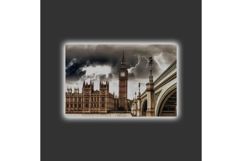 Canvas-taulu LED-valaistuksella - Dramaattinen kaupunkikuva Big Benin ja sillan kanssa tummien pilvien alla - Harmaa / Beige / Tummanruskea - Sisustustuotteet - Taulu & taide - Canvas-taulu