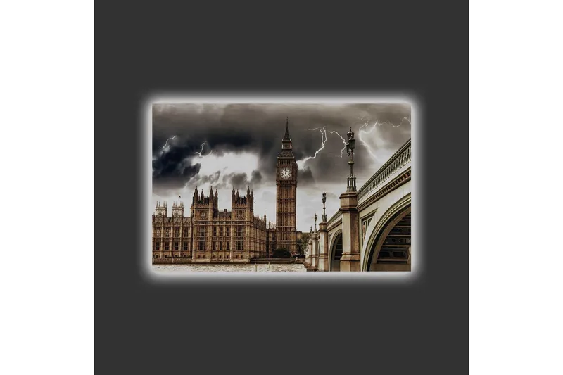 Canvas-taulu LED-valaistuksella - Dramaattinen kaupunkikuva Big Benin ja sillan kanssa tummien pilvien alla - Harmaa / Beige / Tummanruskea - Sisustustuotteet - Taulu & taide - Canvas-taulu