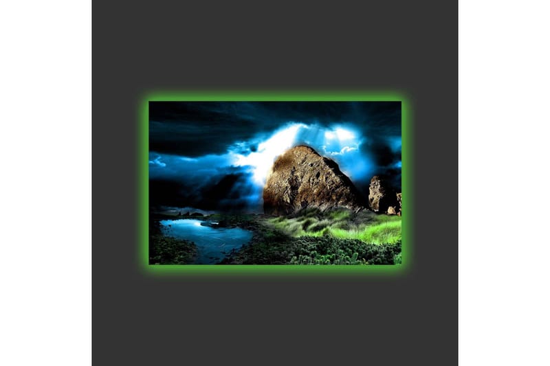 Canvas-taulu LED-valaistuksella - Dramaattinen maisema kallioilla ja myrskypilvillä - Tummansininen / Vihreä / Musta - Sisustustuotteet - Taulu & taide - Canvas-taulu