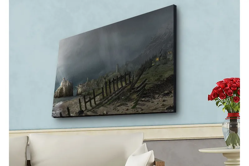 Canvas-taulu LED-valaistuksella - Dramaattinen maisema myrskypilvillä ja rannikolla, Tummanharmaa / Vihreä / Ruskea