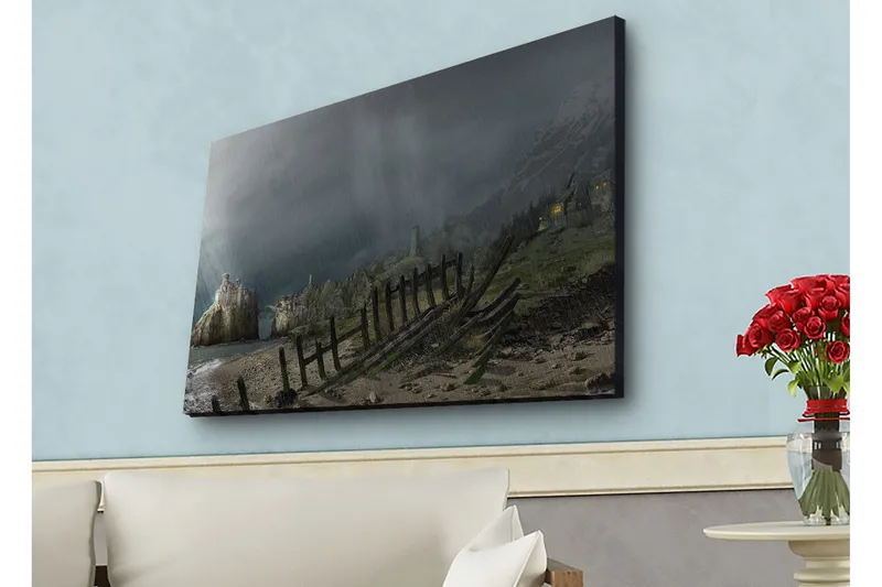 Canvas-taulu LED-valaistuksella - Dramaattinen maisema myrskypilvillä ja rannikolla, Tummanharmaa / Vihreä / Ruskea