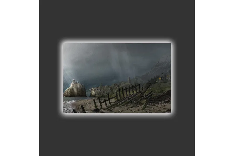 Canvas-taulu LED-valaistuksella - Dramaattinen maisema myrskypilvillä ja rannikolla - Tummanharmaa / Vihreä / Ruskea - Sisustustuotteet - Taulu & taide - Canvas-taulu