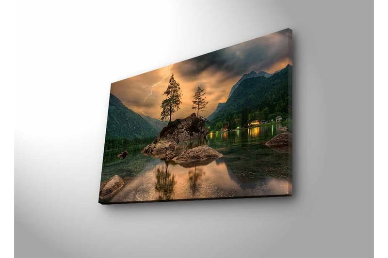 Canvas-taulu LED-valaistuksella - Dramaattinen maisema vuorineen ja puineen peilimäisen järven rannalla - Tummanvihreä / Harmaa / Sininen - Sisustustuotteet - Taulu & taide - Canvas-taulu