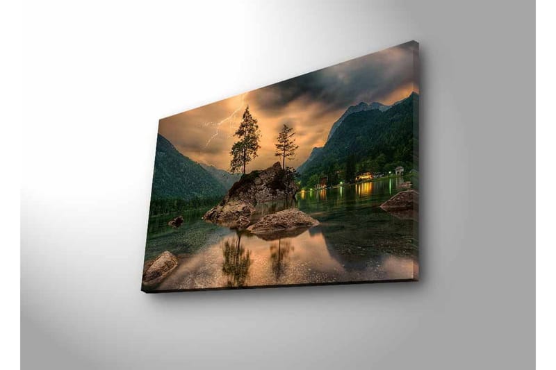 Canvas-taulu LED-valaistuksella - Dramaattinen maisema vuorineen ja puineen peilimäisen järven rannalla - Tummanvihreä / Harmaa / Sininen - Sisustustuotteet - Taulu & taide - Canvas-taulu