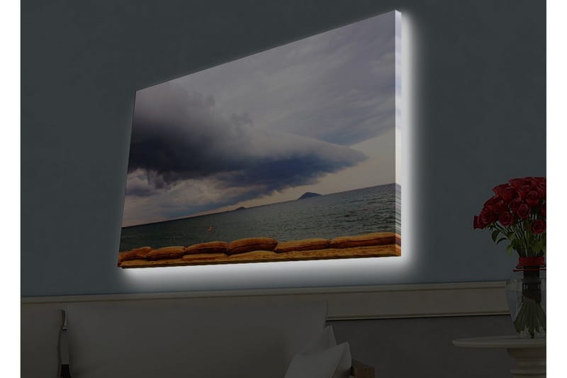 Canvas-taulu LED-valaistuksella - Dramaattinen merimaisema tummilla pilvillä ja tyynellä vedellä, Tummansininen / Harmaa / Beige
