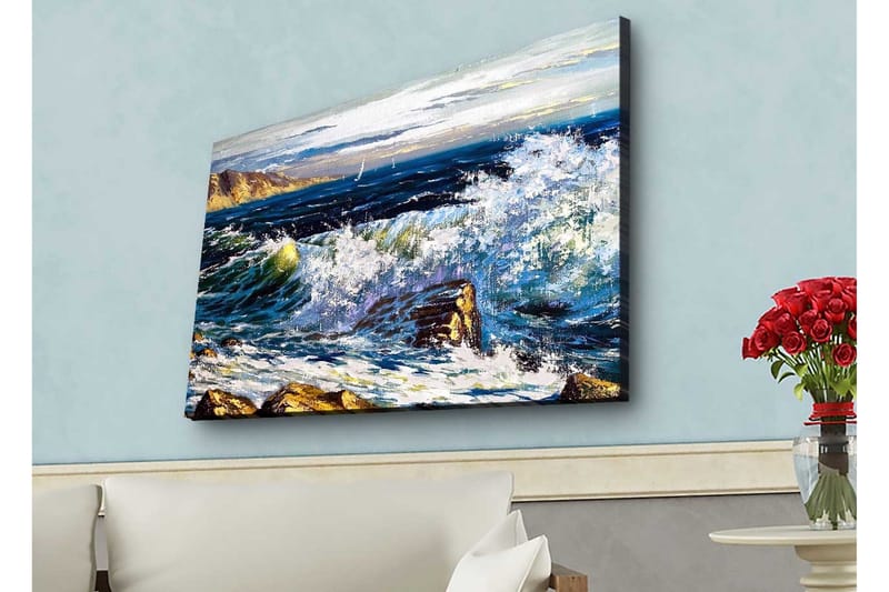 Canvas-taulu LED-valaistuksella - Dramaattiset aallot iskeytyvät kiviin meren rannalla - Tummansininen / Valkoinen / Vihreä - Sisustustuotteet - Taulu & taide - Canvas-taulu