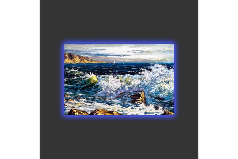 Canvas-taulu LED-valaistuksella - Dramaattiset aallot iskeytyvät kiviin meren rannalla - Tummansininen / Valkoinen / Vihreä - Sisustustuotteet - Taulu & taide - Canvas-taulu