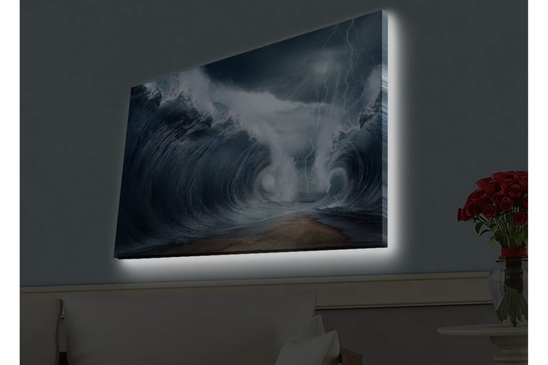 Canvas-taulu LED-valaistuksella - Dramaattiset aallot myrskyisässä meressä - Tummansininen / Harmaa / Valkoinen - Sisustustuotteet - Taulu & taide - Canvas-taulu