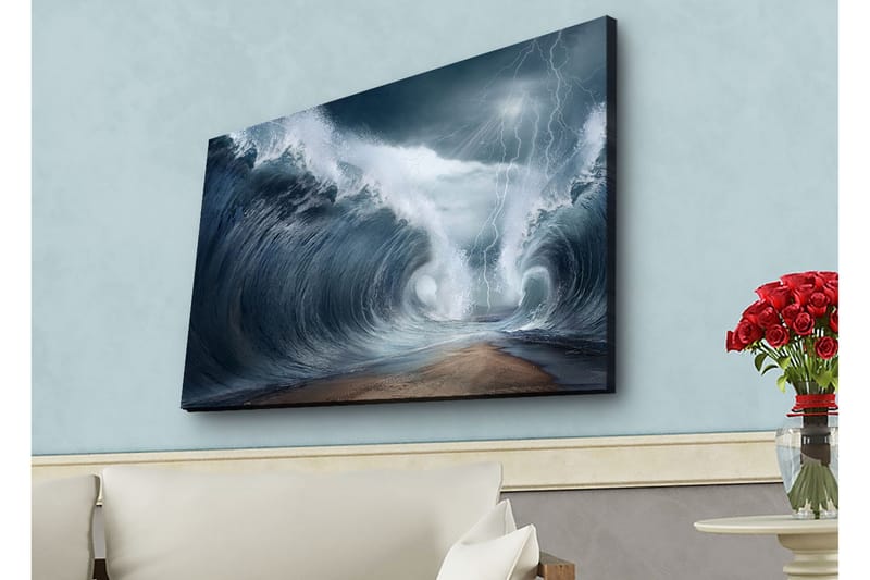 Canvas-taulu LED-valaistuksella - Dramaattiset aallot myrskyisässä meressä, Tummansininen / Harmaa / Valkoinen