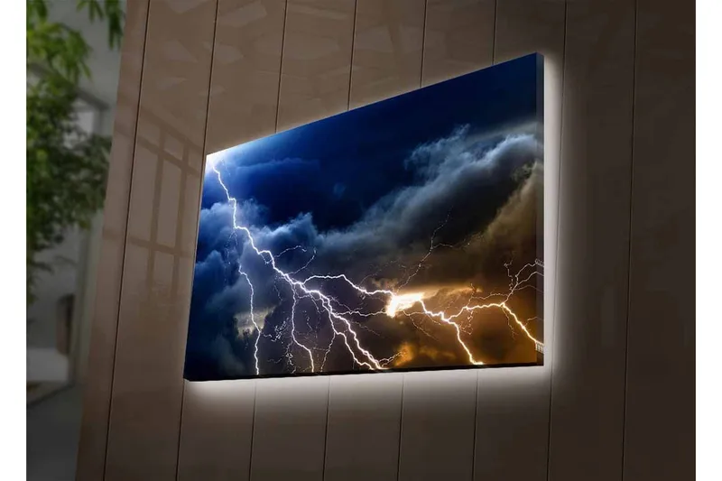 Canvas-taulu LED-valaistuksella - Dramaattiset ukkospilvet ja salama iskevät taivaalle - Tummansininen / Harmaa / Valkoinen - Sisustustuotteet - Taulu & taide - Canvas-taulu