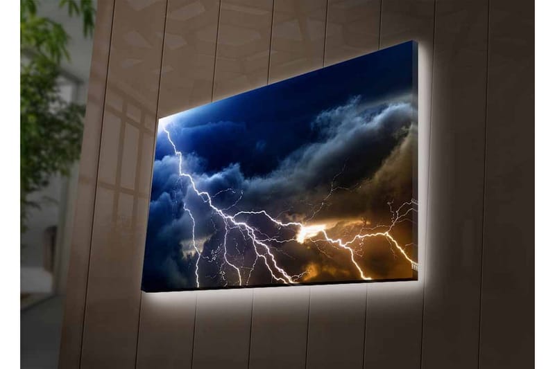 Canvas-taulu LED-valaistuksella - Dramaattiset ukkospilvet ja salama iskevät taivaalle - Tummansininen / Harmaa / Valkoinen - Sisustustuotteet - Taulu & taide - Canvas-taulu
