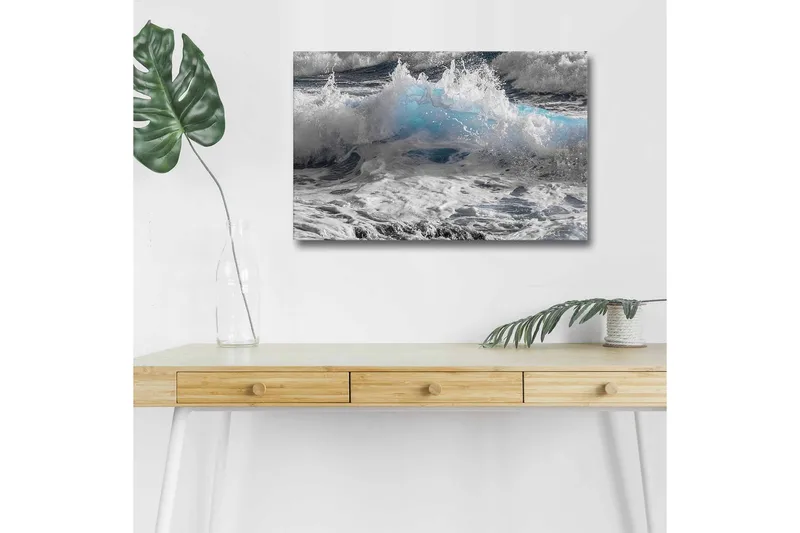 Canvas-taulu LED-valaistuksella - Dramaattisten sinisen ja valkoisen sävyjen aaltojen lyönti, Sininen / Valkoinen / Harmaa