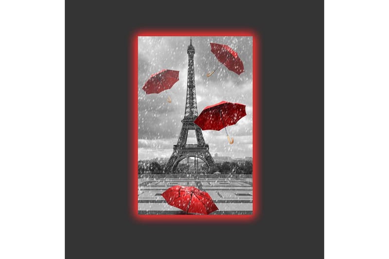 Canvas-taulu LED-valaistuksella - Eiffel-torni punaisten sateenvarjojen ympäröimänä sateisella säällä - Punainen / Harmaa - Sisustustuotteet - Taulu & taide - Canvas-taulu