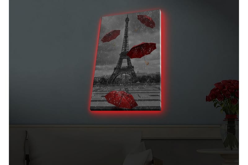 Canvas-taulu LED-valaistuksella - Eiffel-torni punaisten sateenvarjojen ympäröimänä sateisella säällä - Punainen / Harmaa - Sisustustuotteet - Taulu & taide - Canvas-taulu