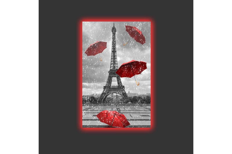 Canvas-taulu LED-valaistuksella - Eiffel-torni punaisten sateenvarjojen ympäröimänä sateisella säällä - Punainen / Harmaa - Sisustustuotteet - Taulu & taide - Canvas-taulu