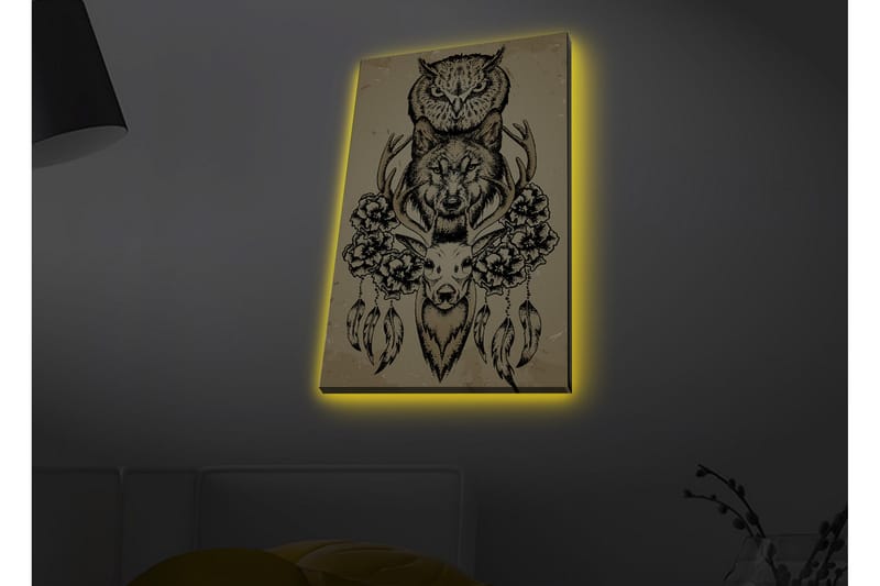 Canvas-taulu LED-valaistuksella - Eläinsommitelma pöllöstä, sudesta ja peurasta kukkien ja höyhenten ympäröimänä - Musta / Beige - Sisustustuotteet - Taulu & taide - Canvas-taulu