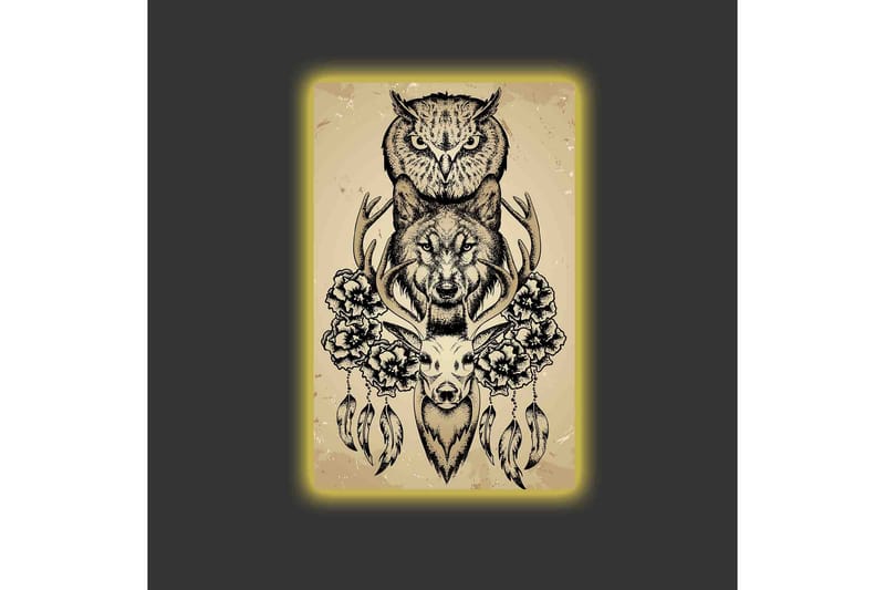 Canvas-taulu LED-valaistuksella - Eläinsommitelma pöllöstä, sudesta ja peurasta kukkien ja höyhenten ympäröimänä - Musta / Beige - Sisustustuotteet - Taulu & taide - Canvas-taulu