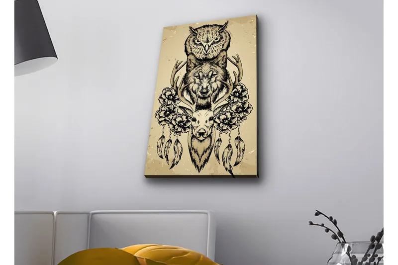 Canvas-taulu LED-valaistuksella - Eläinsommitelma pöllöstä, sudesta ja peurasta kukkien ja höyhenten ympäröimänä, Musta / Beige